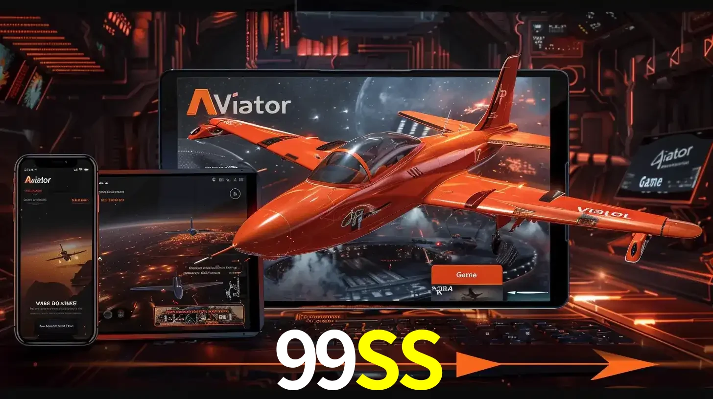 Apresentação tecnológica do jogo Aviator com um avião saindo da tela de um tablet, demonstrando a experiência imersiva em múltiplos dispositivos no 99SS.