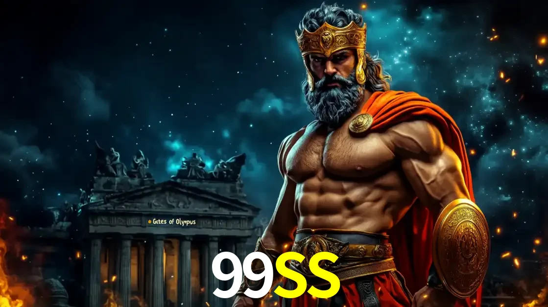 O poderoso Zeus do jogo de slot Gates of Olympus em frente ao seu templo, pronto para lançar multiplicadores divinos e prêmios épicos no cassino online 99SS.