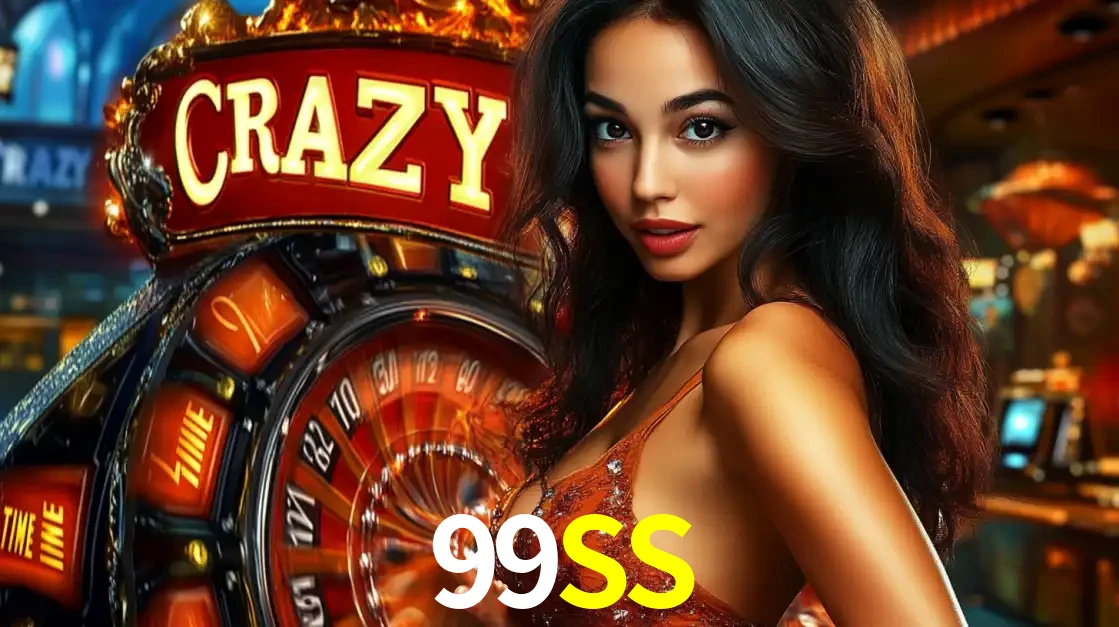 Mulher glamourosa olhando para a câmera com a roda vermelha do Crazy Time ao fundo em um ambiente de cassino, destacando a emoção dos jogos ao vivo no 99SS.