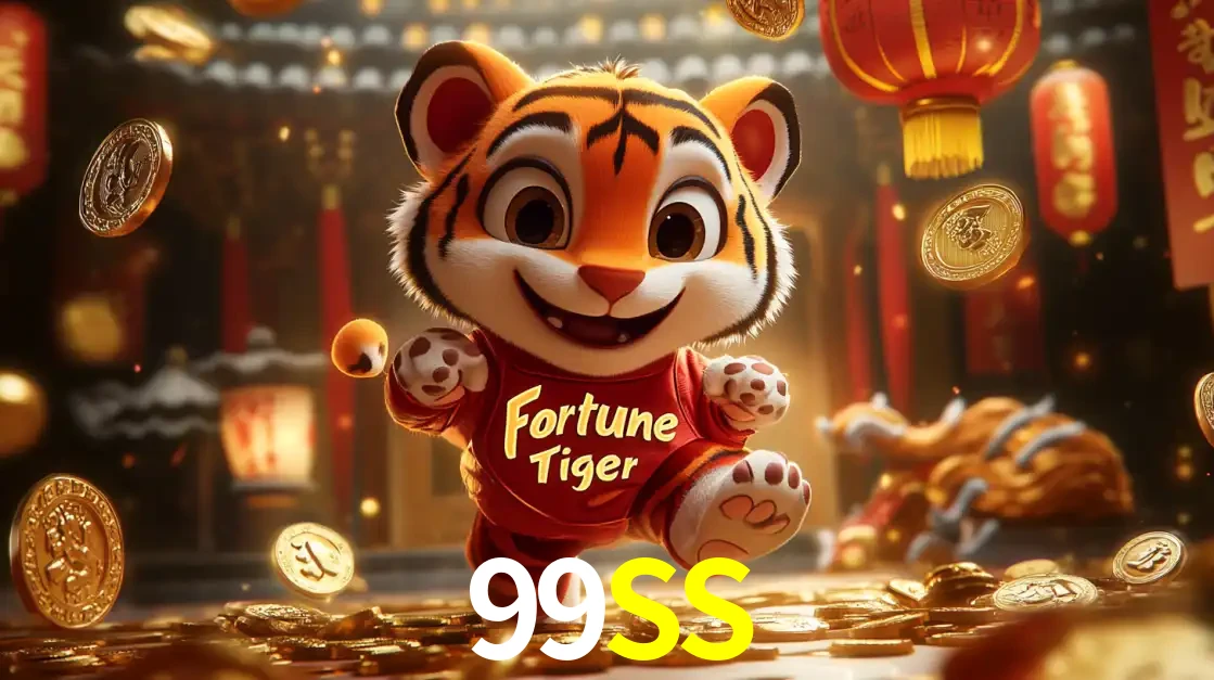O alegre personagem do Fortune Tiger correndo sobre um caminho de moedas de ouro, simbolizando os grandes prêmios e a diversão do popular jogo de slot do 99SS.