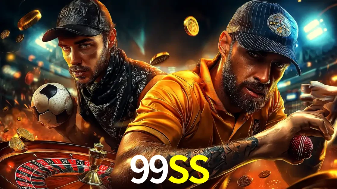 Montagem de apostas esportivas e cassino no 99SS, com um homem segurando uma bola de futebol e outro uma de beisebol sobre uma roleta e moedas voadoras.