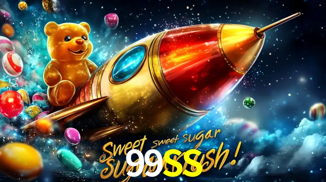 Arte promocional do jogo de slot Sugar Rush, com um urso de pelúcia em um foguete viajando pelo espaço de doces, um dos jogos divertidos disponíveis no cassino 99SS.