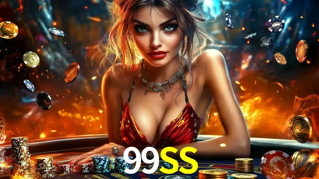 Mulher em uma mesa de cassino com pilhas de fichas e um fundo de fogo, pronta para uma rodada de altas apostas nos jogos de mesa emocionantes do cassino 99SS.