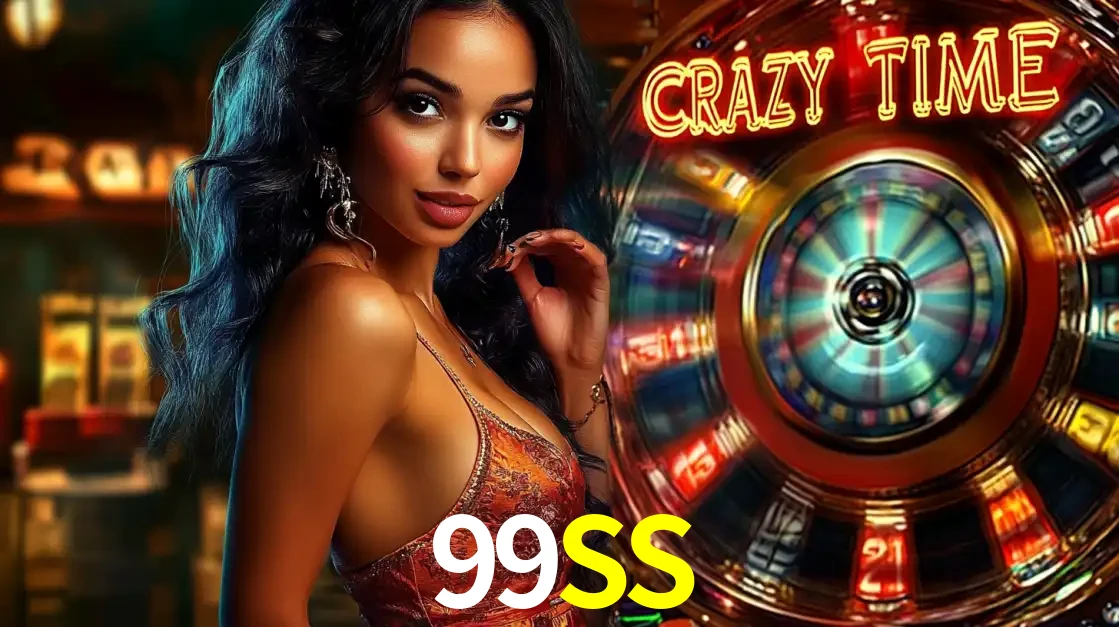 Mulher elegante ao lado da vibrante roda da fortuna do jogo de cassino ao vivo Crazy Time, um dos game shows mais populares e cheios de prêmios do 99SS.