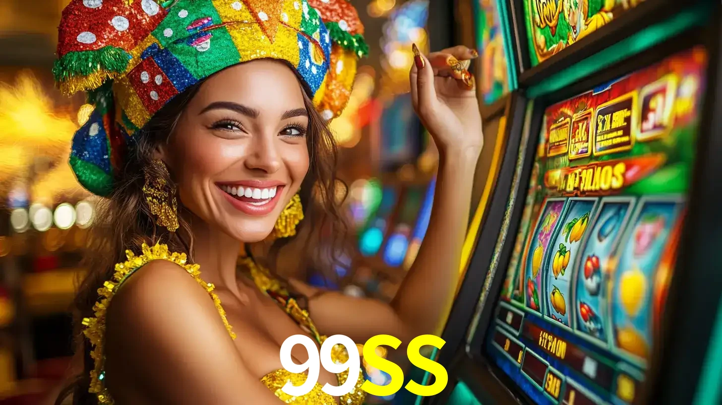 Mulher feliz com traje de carnaval amarelo e colorido ao lado de uma máquina de caça-níqueis, aproveitando a diversão e os jogos temáticos do cassino 99SS.
