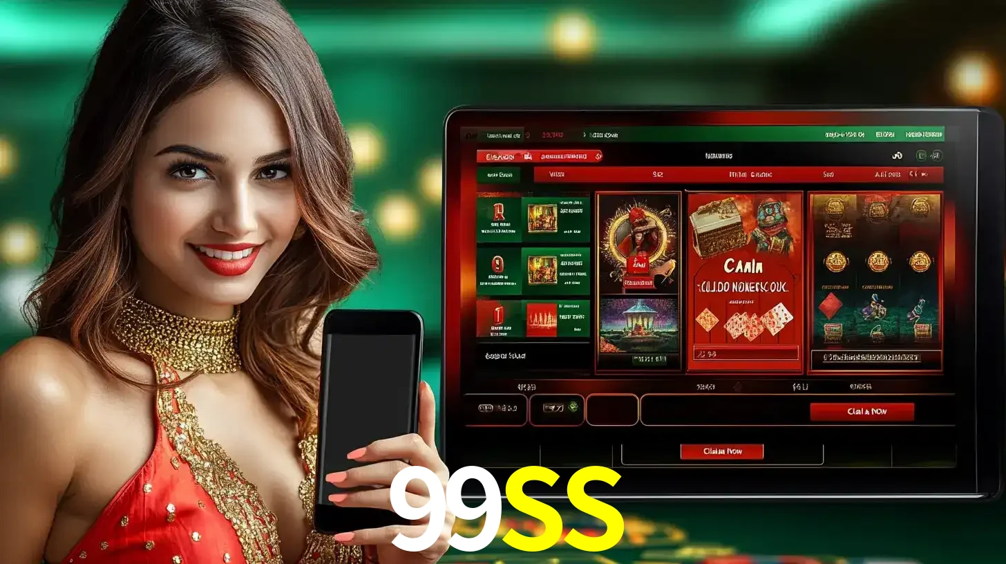 Mulher sorridente segurando um smartphone, ao lado de uma tela exibindo o lobby de jogos do cassino online 99SS, com várias opções de jogos de cartas e slots.